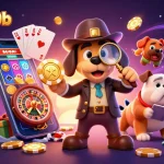 Spin and win with sunwin20b's dynamic 3D digital illustration showcasing a detective hunting for poker clues and treasures.