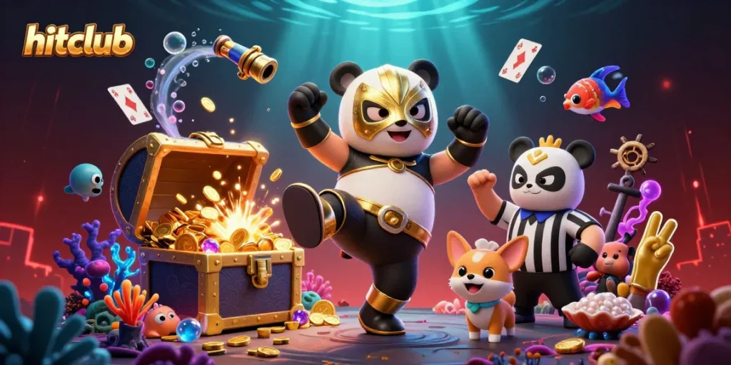 Engage in exciting gameplay at hitclub with a dynamic scene featuring a panda wrestler and animal spectators.