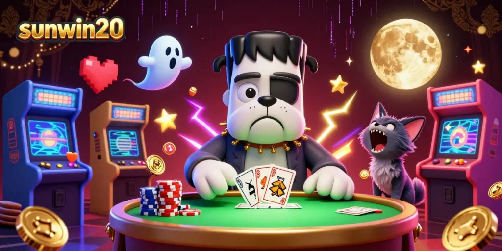 Play casino games at sunwin20 with a spooky-themed illustration featuring a bulldog dealer and spooky creatures.